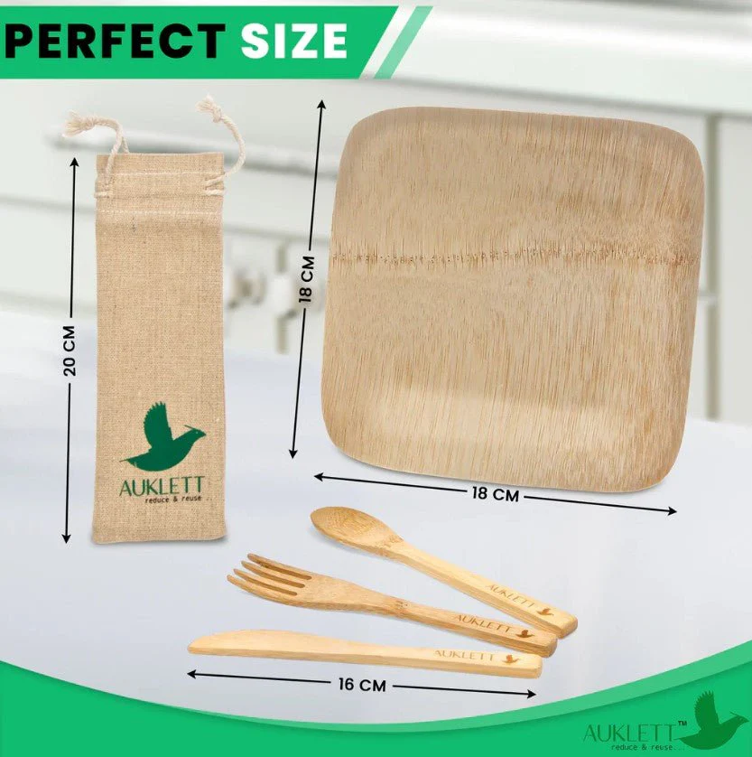 Reusable Bamboo Cutlery With Bamboo Plates And Travel Pouch - Image 3
